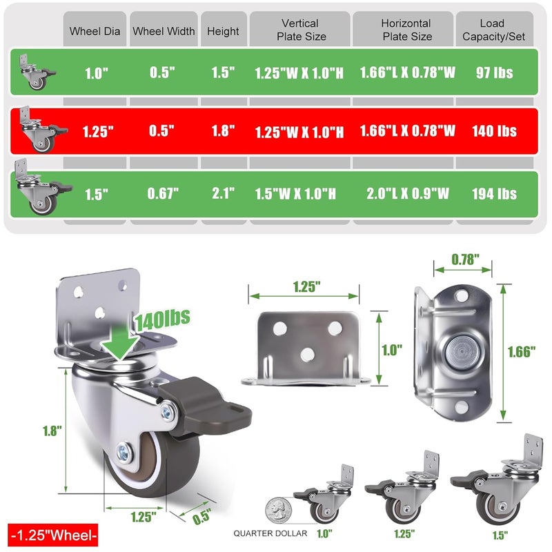 ZUOFANG 1.25 Inch Small Swivel Caster Wheels Set of 4 (with 2 Brakes), L-Bracket Side Mount Casters, Mini Low Profile Rubber Rolling Wheels for Furniture, Underbed Drawer, DIY Project, Capacity Lbs: 140 Lbs - Image 4